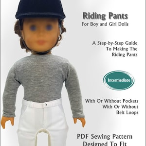 Könnte beinhalten: Ein Schnittmuster zum Nähen von Reithosen für 45 cm Puppen. Das Schnittmuster enthält Anleitungen zum Nähen von Hosen mit oder ohne Taschen und Gürtelschlaufen. Das Schnittmuster ist für Puppen wie American Girl Puppen konzipiert. Das Schnittmuster ist als mittelschwer eingestuft.