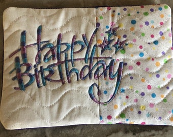Embroidered Birthday Mug Rug, Handmade Cotton Snack Mat