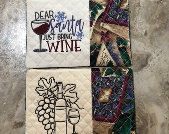 Embroidered Wine Mug Rug – Dear Santa, Grapes, Handmade