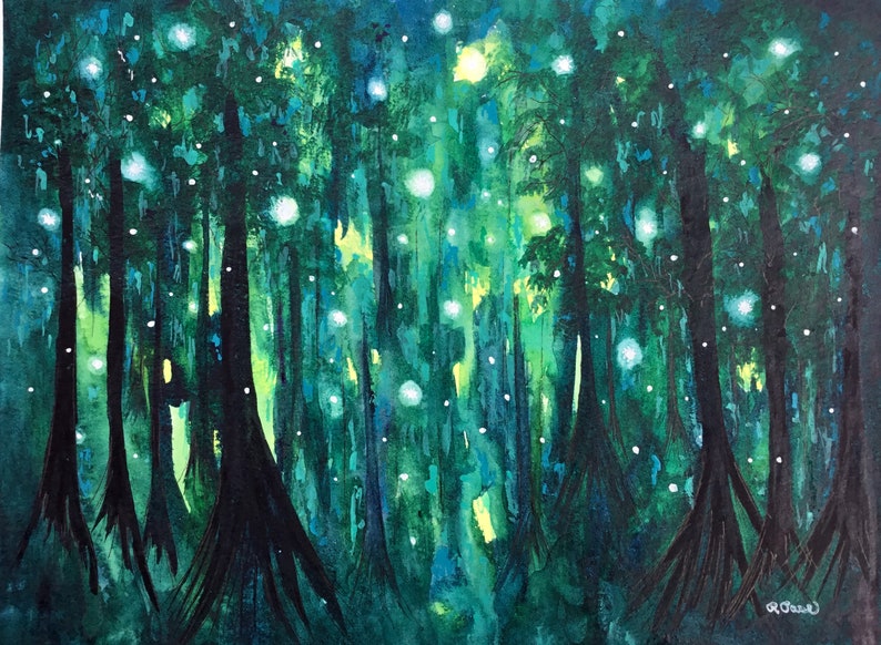 Giclee Fine Art Print Fireflies in the Forest Moon Love Art image 0