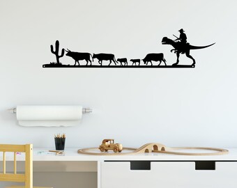 Dinosaur Cowboy Metal Decor | Western Scene Metal Art | Custom Metal | Dinosaur Decor | Kids Room Wall Decor |