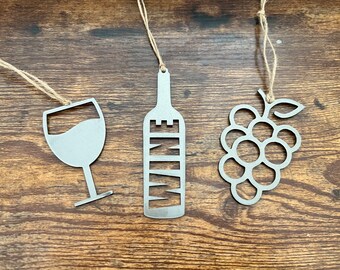 Wine Trio Ornament Set | Set of 3 Wine Ornaments | Wine Glass, Bottle, and Grapes Ornaments | Stomp the Grapes!