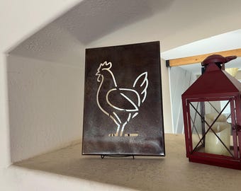 Rustic Metal Chicken Wall Art - Modern Farmhouse Kitchen Decor, Minimalist Silhouette Metal Canvas, Patina Rooster Sign, Outdoor Patio Art