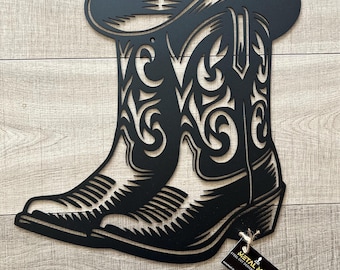 Western Cowboy Boots & Hat Metal Wall Art | Rustic Western Decor | Custom Sizes