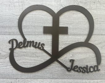 Personalized Metal Infinity Cross Heart Sign | Custom Wedding and Anniversary Gift | Bride & Groom Names | Housewarming Décor
