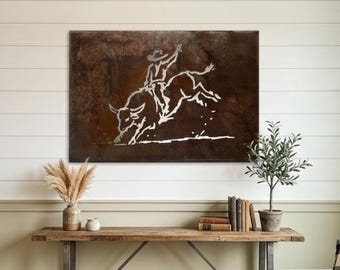 Rustic Metal Rodeo Wall Art | Rearing Bull Riding Metal Sign | Western Cowboy Home Decor | Southwest Ranch Art | Patina Steel Wall Hanging