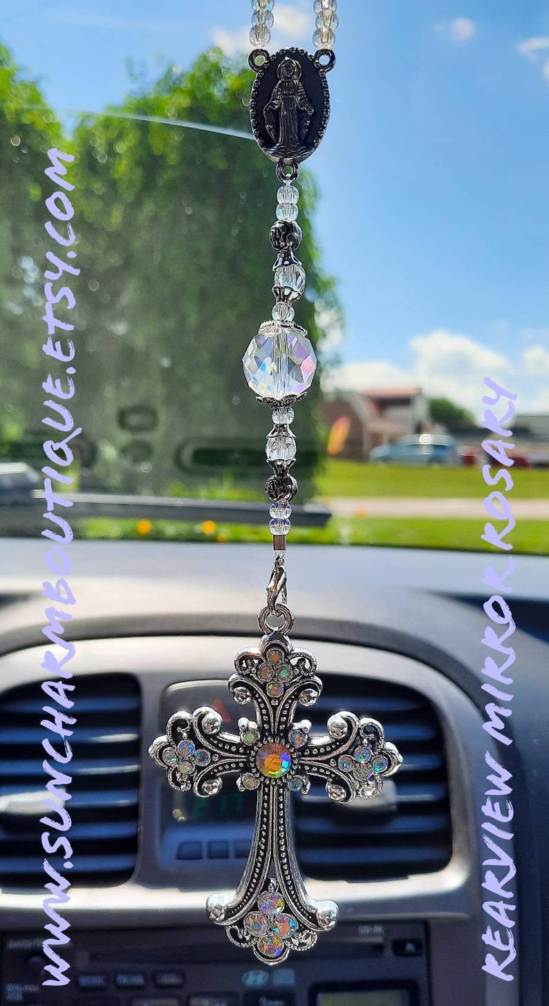 Rearview Car Mirror Hanging Silver Rosary Silver Cross Etsy