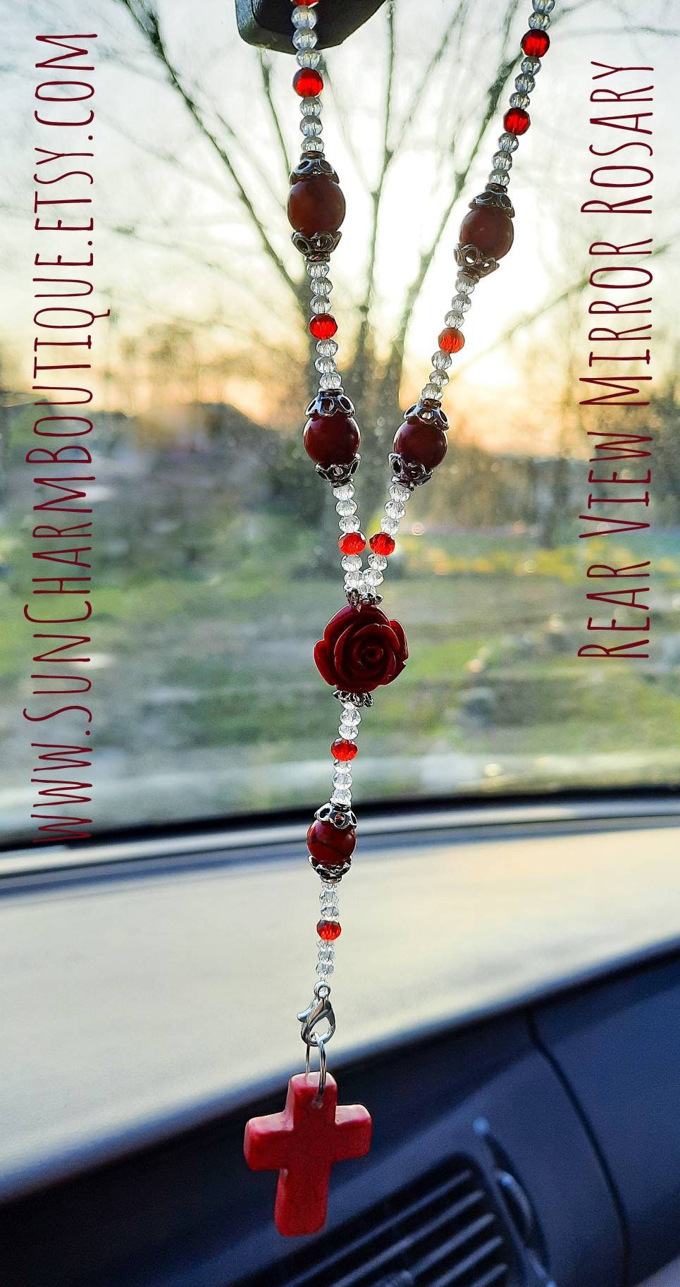 Rearview Mirror Red Rosary Car Mirror Hanging Rosary Beads Etsy