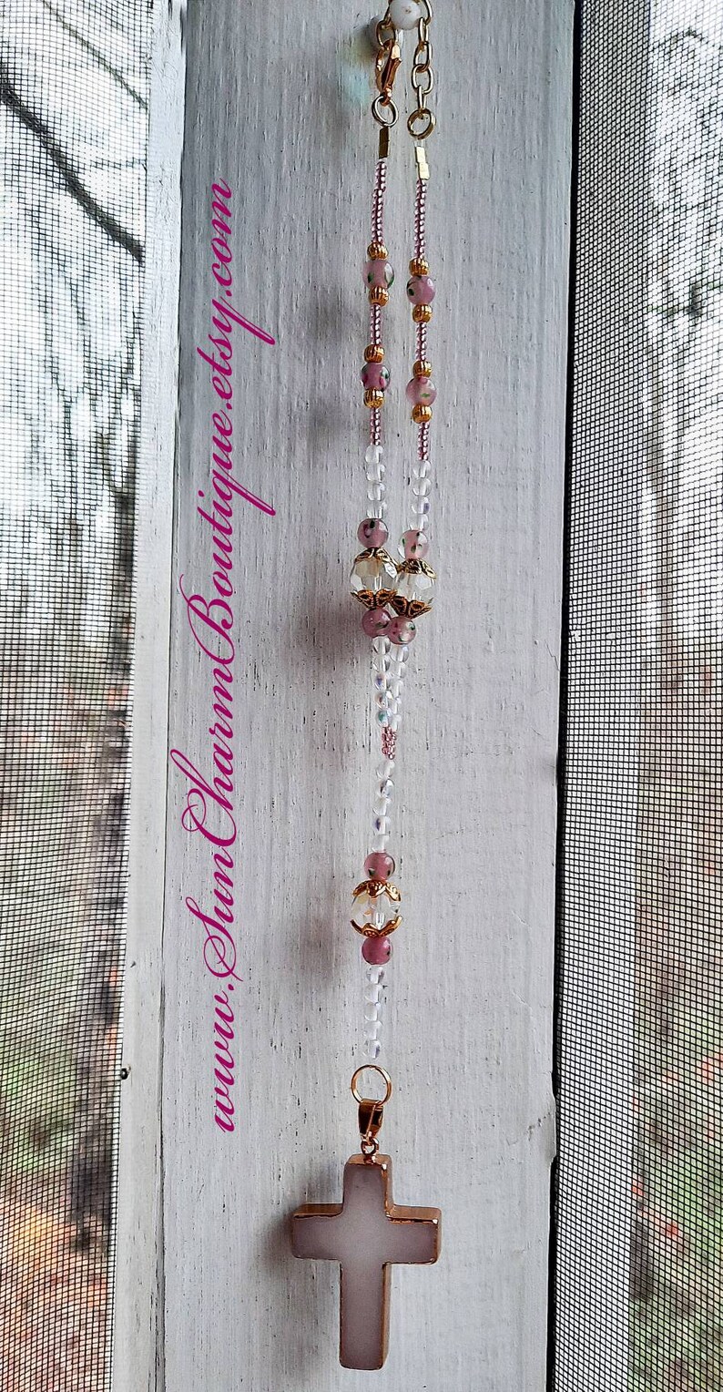 Rearview Mirror Czech Bead Rosary. Window Hanging White Etsy