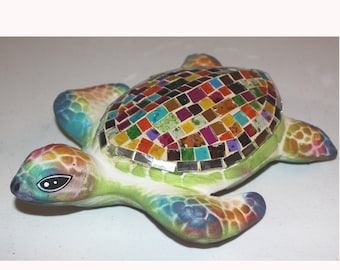 9” Mexican Pottery Mosaic Glass ART Turtle Tortoise Talavera Nautical Coastal Beach Lake Tropical Decor Garden Art Glass Tile Mosaic Art