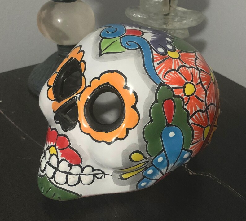 Mexican Sugar Skull Ceramic Sugar Skull Halloween Decoration Halloween Candle Luminary Skull Talavera Pottery Mexican Decor Mexican Pottery