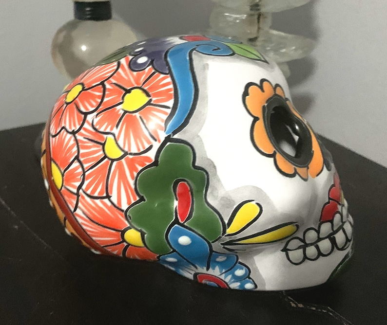 Mexican Sugar Skull Ceramic Sugar Skull Halloween Decoration Halloween Candle Luminary Skull Talavera Pottery Mexican Decor Mexican Pottery