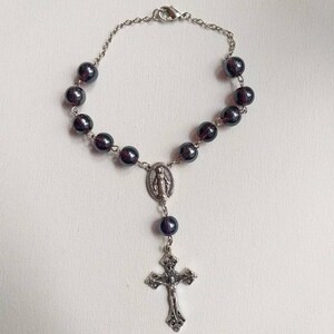 Car Rosary- Handmade Catholic Jewelry- Single Decade, Silver linked, Clear Purple Glass Car Rosary with a Miraculous Medal Centerpiece