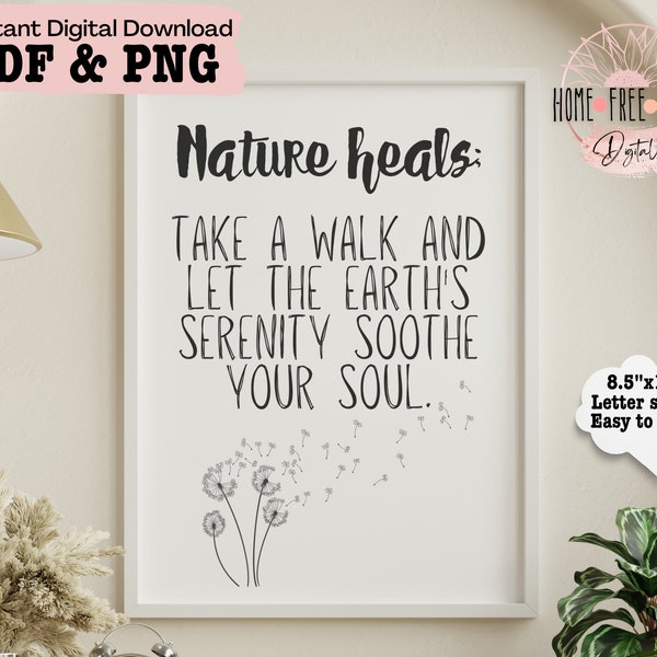 Nature Heals Quote Wall Art, Fine Art PDF PNG,  Printable Instant Digital Download, Inspirational Wall Art Print, Easy Gift Idea