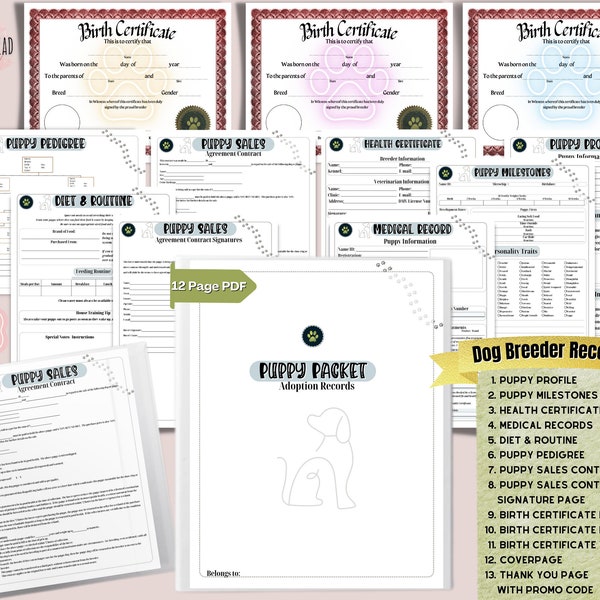 Dog Breeder PDF, Puppy Adoption Packet, Record Keeping Logbook, Manage Puppy Profiles, Medical, Pedigree, Routine, Organizer Kennel Records