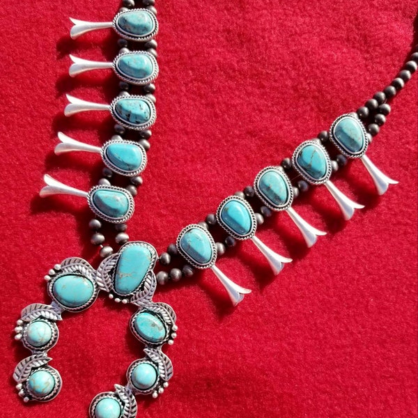 Full Squash Blossom Turquoise Necklace.  Natural Stone.  (405)