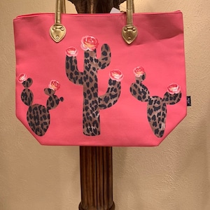 Western cactus and leopard tote bag with gold handles. Western bags. Boho tote bag