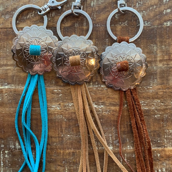 Concho leather keychain. Western keychains. Concho keychains. Leather keychains