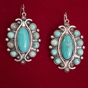 Squash Blossom Turquoise Fish Hook Earrings.  Natural Stone.   (324)
