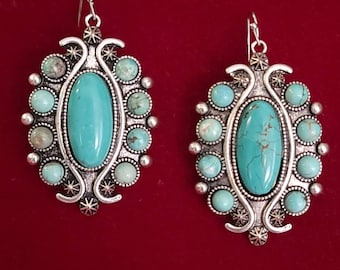 Squash Blossom Turquoise Fish Hook Earrings.  Natural Stone.   (324)