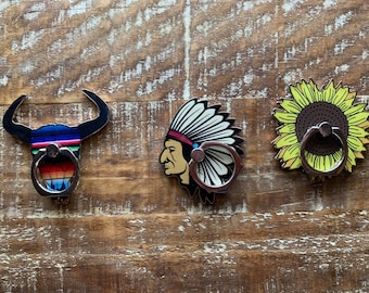 Western phone grips. Ring phone grips. Serape and sunflower phone grip