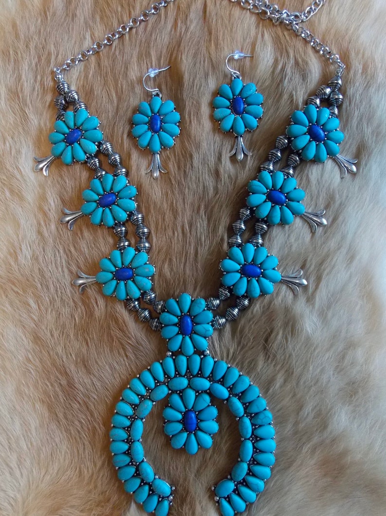 Turquoise and blue squash blossom set Squash necklace Turquoise squash blossom necklace Western jewelry