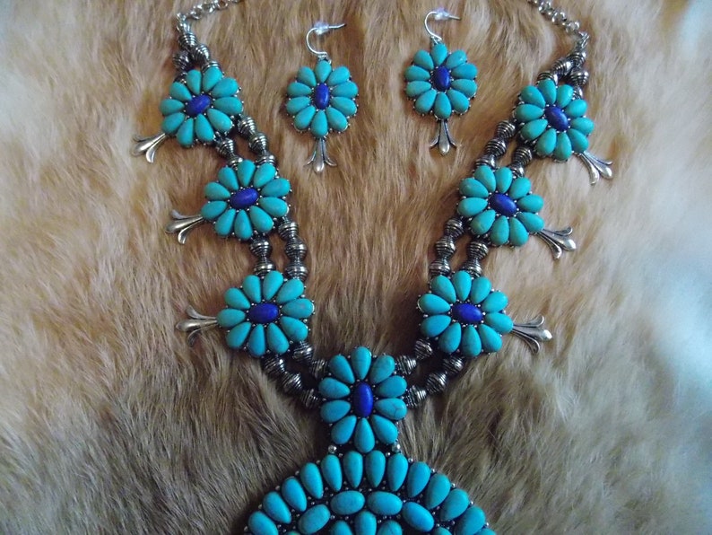 Turquoise and blue squash blossom set Squash necklace Turquoise squash blossom necklace Western jewelry