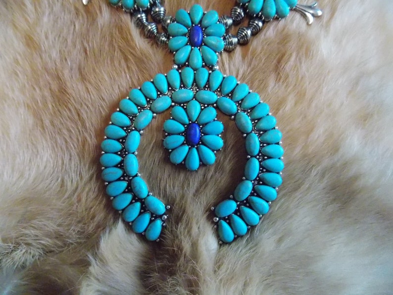 Turquoise and blue squash blossom set Squash necklace Turquoise squash blossom necklace Western jewelry