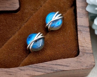 Labradorite Stud Earrings Sterling Silver 14k Gold Filled Earrings Labradorite Wire Wrapped Gemstone Earrings Minimalist Jewellery Gift