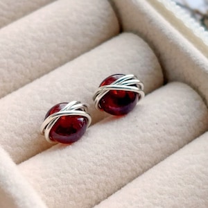 Garnet Stud Earrings Sterling Silver 14k Gold Filled Earrings Garnet Wire Wrapped Earrings January Birthstone Jewellery Gift for her