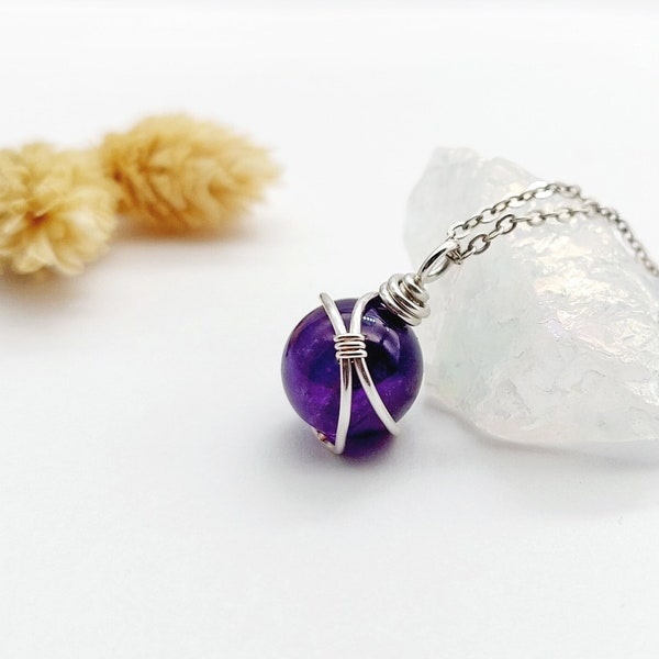 Amethyst Necklace, Sterling Silver Amethyst Necklace, February Birthstone, Sphere Amethyst Pendant, Gift for her