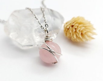 Rose Quartz Necklace, Sterling Silver Rose Quartz Necklace, Silver Sphere Pendant, Rose Quartz Jewellery, Gift for her