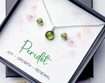 Peridot Jewellery Gift Set, Sterling Silver Necklace and Stud Earrings, August Birthstone, Peridot Jewelry, Gift for her