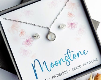 Moonstone Jewellery Gift Set, Sterling Silver Necklace and Stud Earrings, June Birthstone, Rainbow Moonstone Jewelry, Gift for her