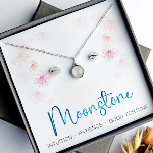 Moonstone Jewellery Gift Set, Sterling Silver Necklace and Stud Earrings, June Birthstone, Rainbow Moonstone Jewelry, Gift for her