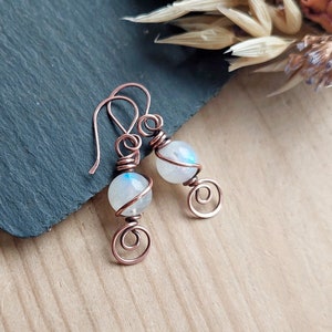 Moonstone Earrings, Copper Dangle Earrings, June Birthstone, Wire Wrapped Earrings, Boho Jewelry, Gift for her