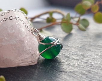Emerald Green Onyx Necklace, Sterling Silver Green Onyx Necklace, May Birthstone, Sphere Green Onyx Pendant, Gift for her