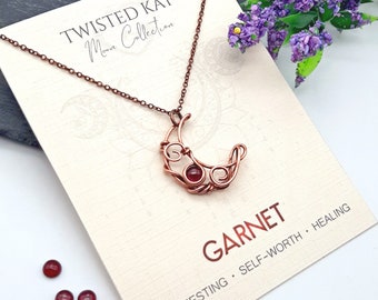Garnet Necklace, Moon Necklace, January Birthstone, Crescent Moon, Crystal Moon, Boho Jewelry