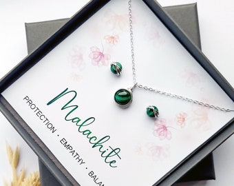 Malachite Jewellery Gift Set, Sterling Silver Necklace and Stud Earrings, Dainty Jewellery, Malachite Jewellery, Gift for her
