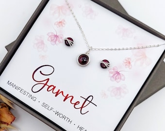 Garnet Jewellery Gift Set, Sterling Silver Necklace and Stud Earrings, January Birthstone, Birthstone Jewelry, Gift for her