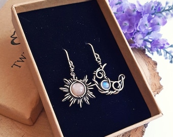 Sun and Moon Earrings, Sunstone Moonstone Earrings, Boho Earrings, Silver Jewelry, Gift for her