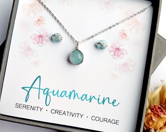 Aquamarine Jewellery Gift Set, Sterling Silver Necklace and Stud Earrings, March Birthstone,Aquamarine Jewelry, Gift for her