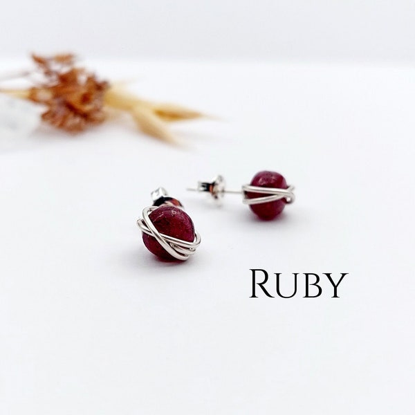 Ruby Stud Earrings Sterling Silver 14k Gold Filled Earrings Ruby Wire Wrapped Earrings July Handmade Birthstone Jewellery Gift for her