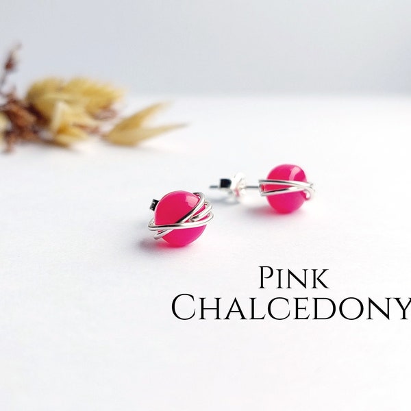Pink Chalcedony Earrings, Crystal Stud Earrings, Hot Pink Earrings, Silver Stud Earrings, Gemstone Studs, Gift for her