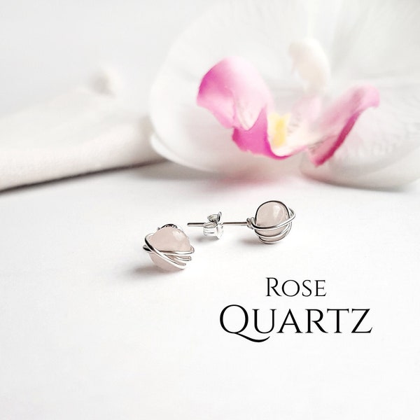 Boucles d'oreilles en quartz rose en argent sterling 14 carats, bijoux en quartz rose, boucles d'oreilles délicates, clous de pierres précieuses roses, cadeau pour elle