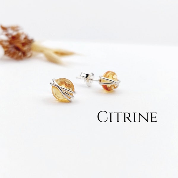 Citrine Stud Earrings Sterling Silver 14k Gold Filled Earrings Citrine Wire Wrapped Earrings November Birthstone Jewellery Gift for her