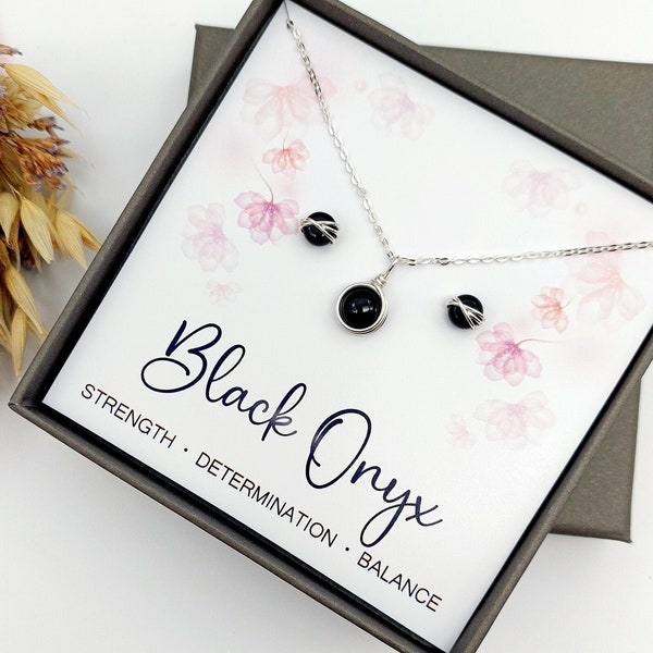 Black Onyx Jewellery Gift Set, Sterling Silver Necklace and Stud Earrings, Dainty Jewellery, Onyx Jewelry, Gift for her