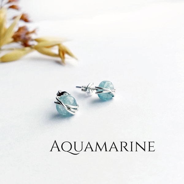 Aquamarine Stud Earrings Sterling Silver 14k Gold Filled Earrings Aquamarine Wire Wrapped Earrings March Birthstone Jewellery Gift for her