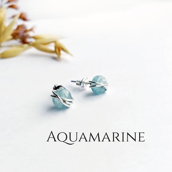 Clous d'oreilles aigue-marine en argent sterling 14 carats, boucles d'oreilles en fil aigue-marine, pierre de naissance, cadeau pour elle