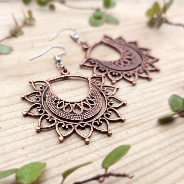 Copper Filigree Earrings, Boho Dangle Hoop Earrings, Copper Mandala Earrings, Large Oriental Hoops, Boho Jewellery